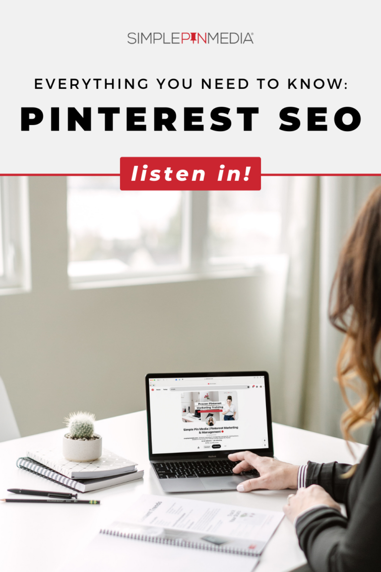 手放在笔记本电脑上的人,上面写着“您需要了解的有关 pinterest seo 的所有信息”。