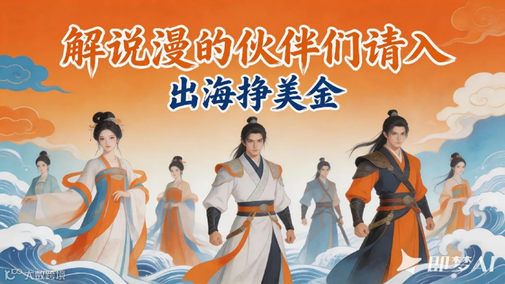 jimeng-2026-05-15-9099-帮我做一个海报，大标题是&ldquo;解说漫的伙伴们请入&rdquo;，小标题是&ldquo;出海挣美金&rdquo;，背景是中....png