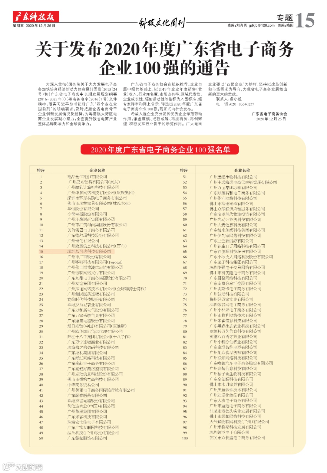 TOP 15!谷仓入选「2020广东省电子商务企业100强」