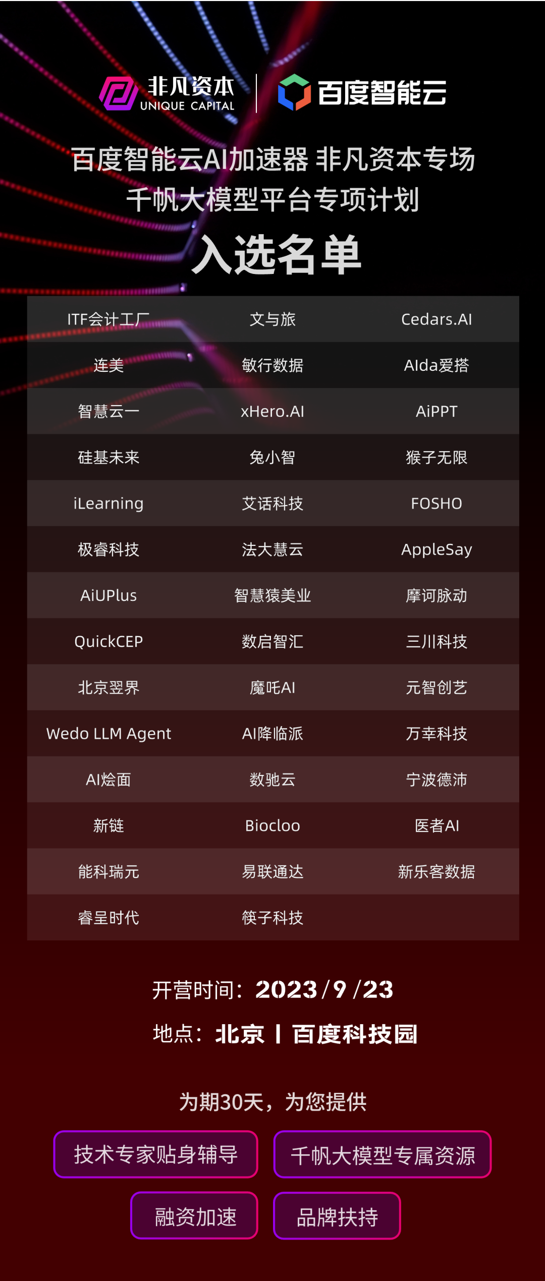 百度智能云AI加速器|非凡资本专场招募计划入选企业名单公布