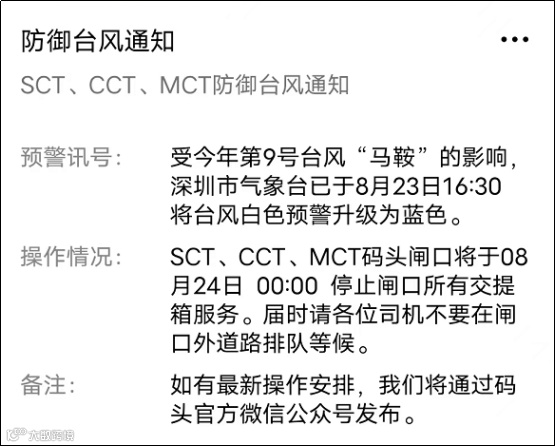 注意!台风“马鞍”预计登陆广东,码头暂停闸口交提柜服务
