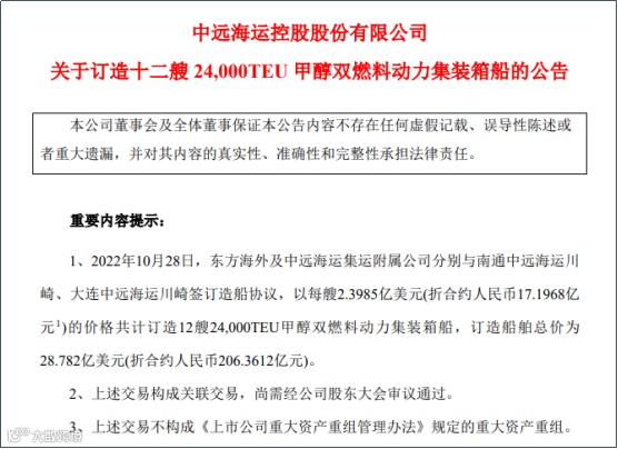 中远海控200亿元订造12艘24000TEU集装箱船!收购上港集团及广州港部分股份
