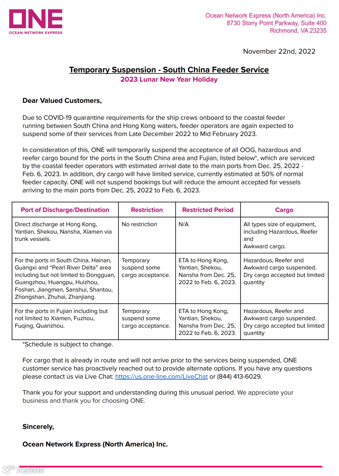 该船公司宣布在春节前后暂停接收部分运往华南地区的货物！