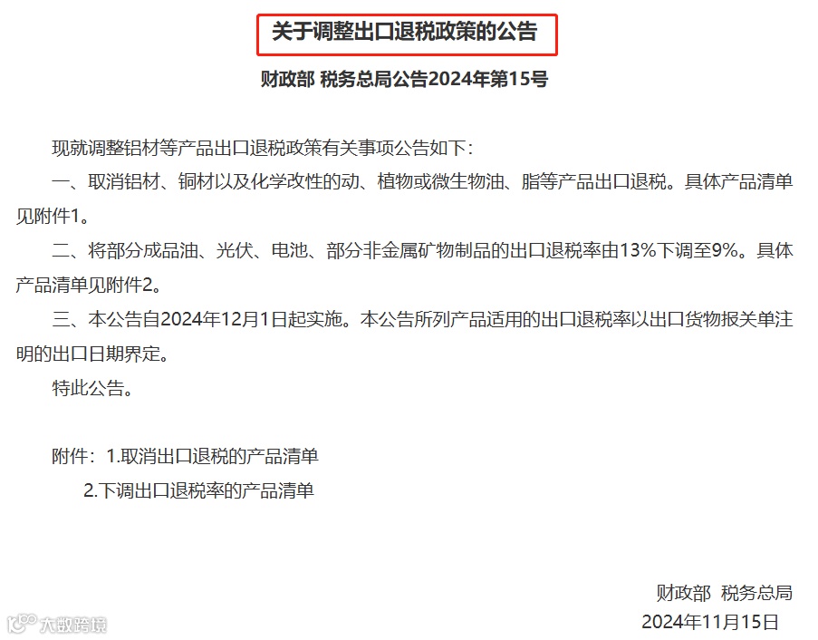 重磅!出口退税大调整!近60项产品取消退税!部分下调至9%