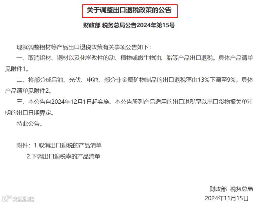重磅!出口退税大调整!近60项产品取消退税!部分下调至9%