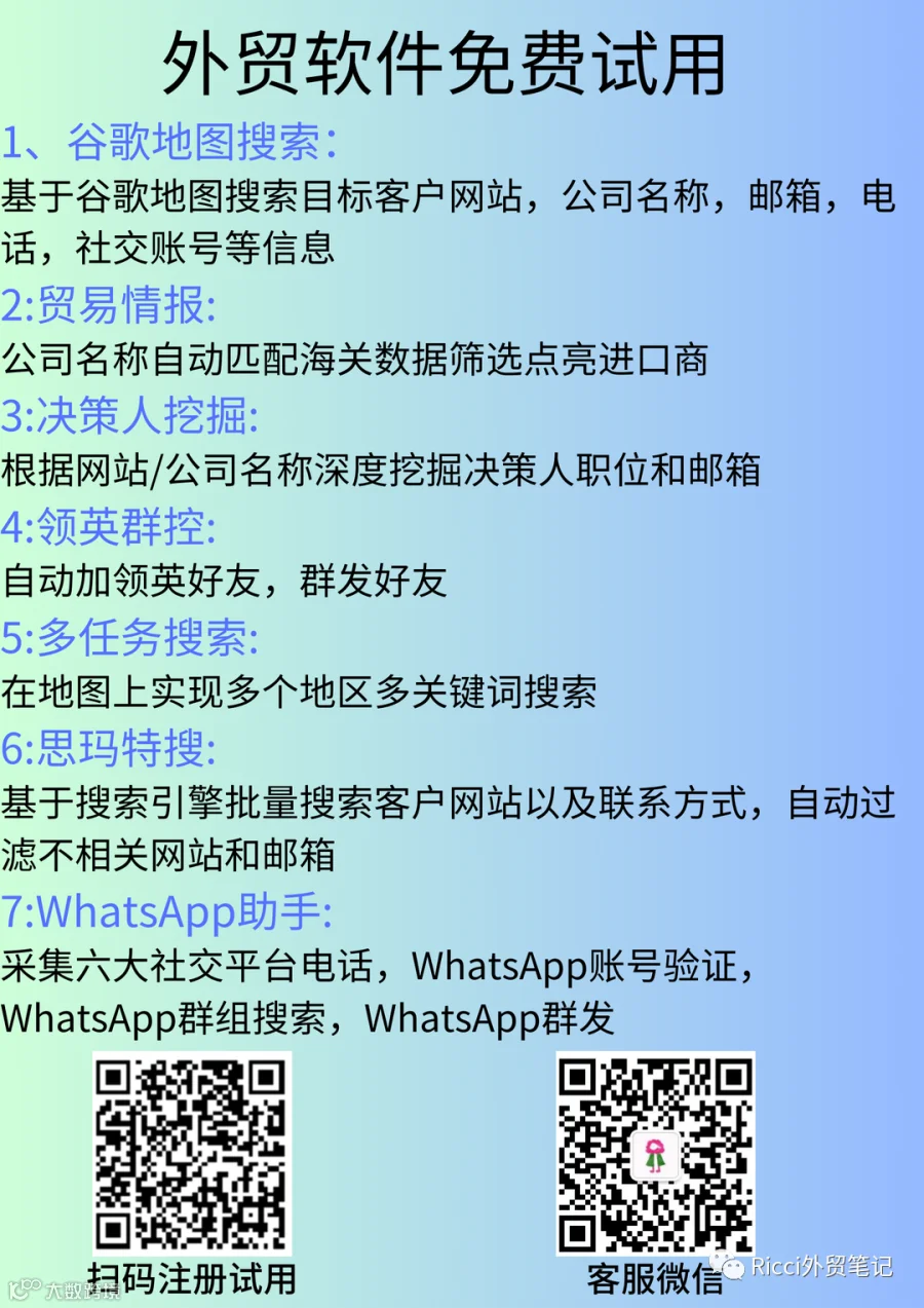 1、谷歌地图搜索: 基于谷歌地图搜索目标客户网站,公司名称,邮箱,电话,社交账号等信息 2贸易情报 公司名称自动匹配海关数据筛选点亮进口商 3决策人挖掘 根据网站公司名称深度挖掘决策人职位和邮箱 4领英群控 自动加领英好友,群发好友 5多任务搜索 在地图上实现多个地区多关键词搜索 6思玛特搜 基于搜索引擎批量搜索客户网站以及联系方式,自动过滤不相关网站和邮箱 7WhatsApp助手 采集六大社交平台电话,Wh.png