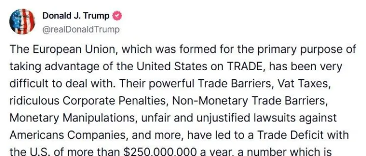 最航运 | 特朗普今天威胁：欧盟50%关税和苹果25%的航运影响分析