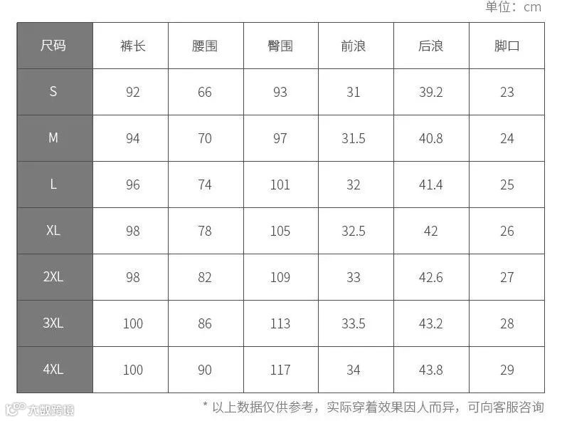 尺码对照表 - 运动裤