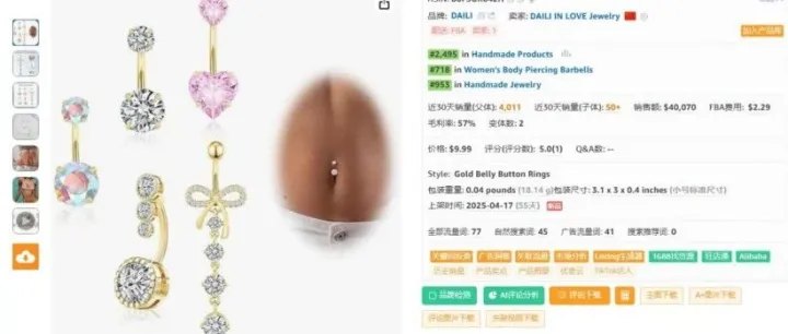 不少TK达人在秀的肚脐钉，亚马逊近30天卖出4011单