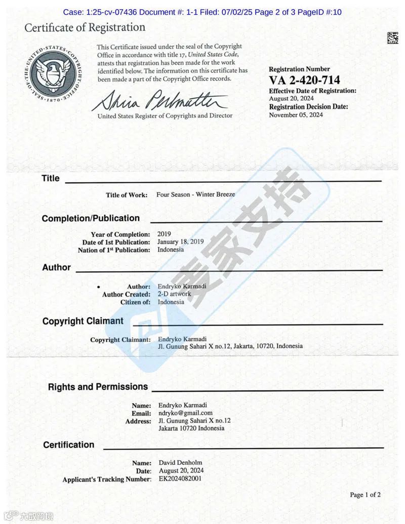 5-cv-07436，keith新案速递，四季版画主题跨境维权，TRO即将获批"