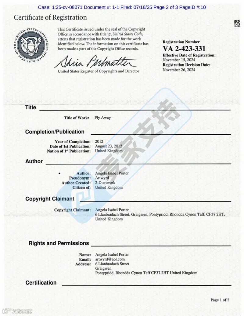 5-cv-08071，缠绕的蜻蜓钢笔画高危！已在美国法院立案维权！"