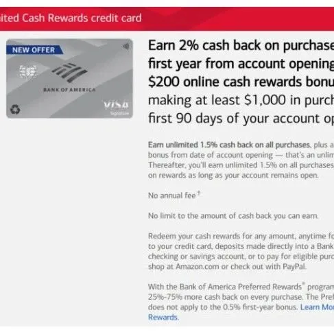 BofA Unlimited Cash <em>Rewards</em>：开卡送 $200；无年费
