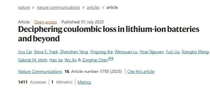 重磅《Nature》：解密“库仑损失”影响电池寿命的核心机制，落实长寿命电池的设计新方案
