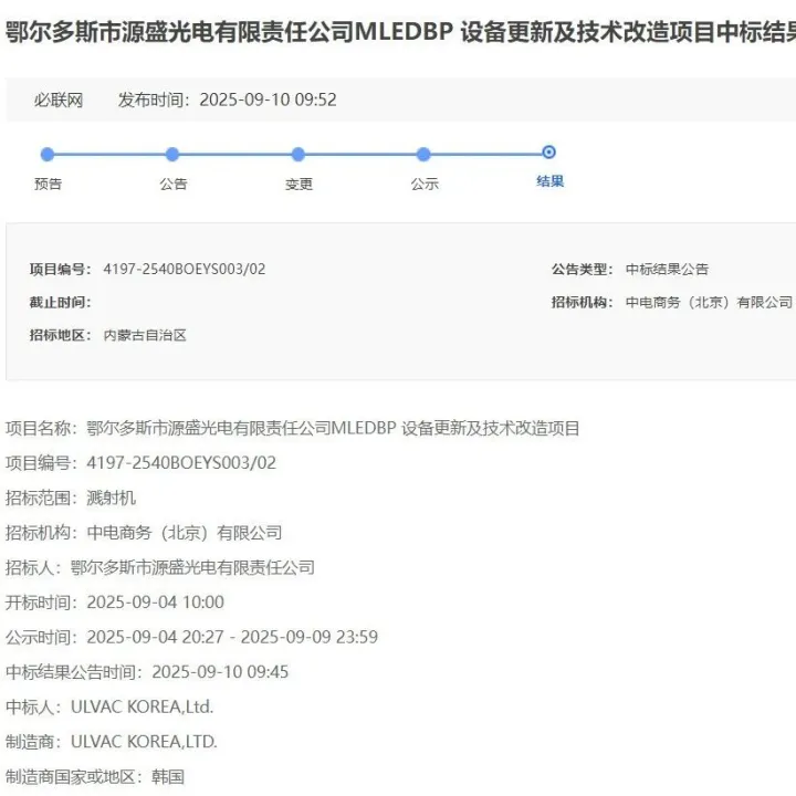 韩国ULVAC中标京东方项目 内蒙古B6线未来或将生产MLED！