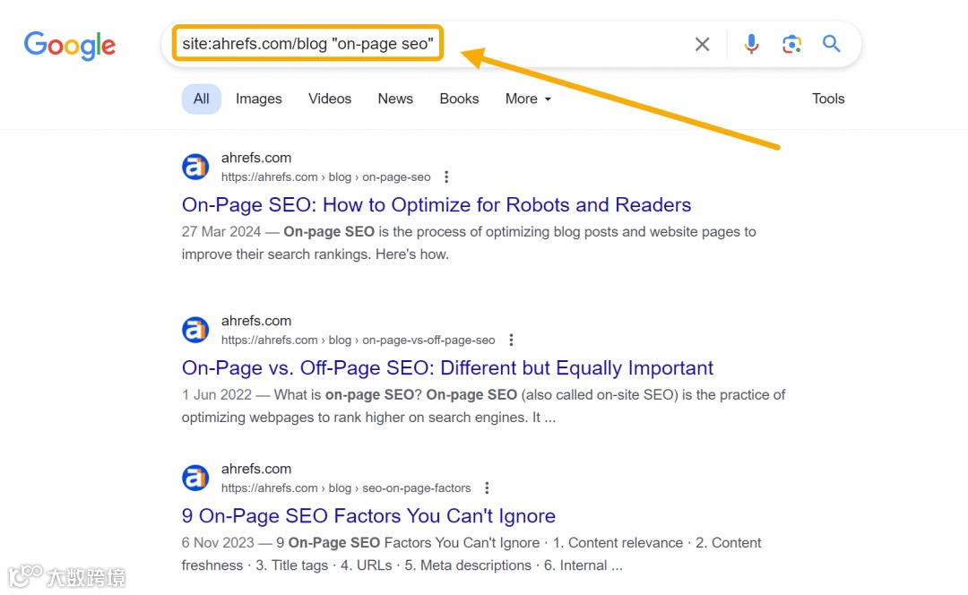 Google search results page showing a Google Search Operator site: specific search for "on-page seo" within ahrefs.com/blog.