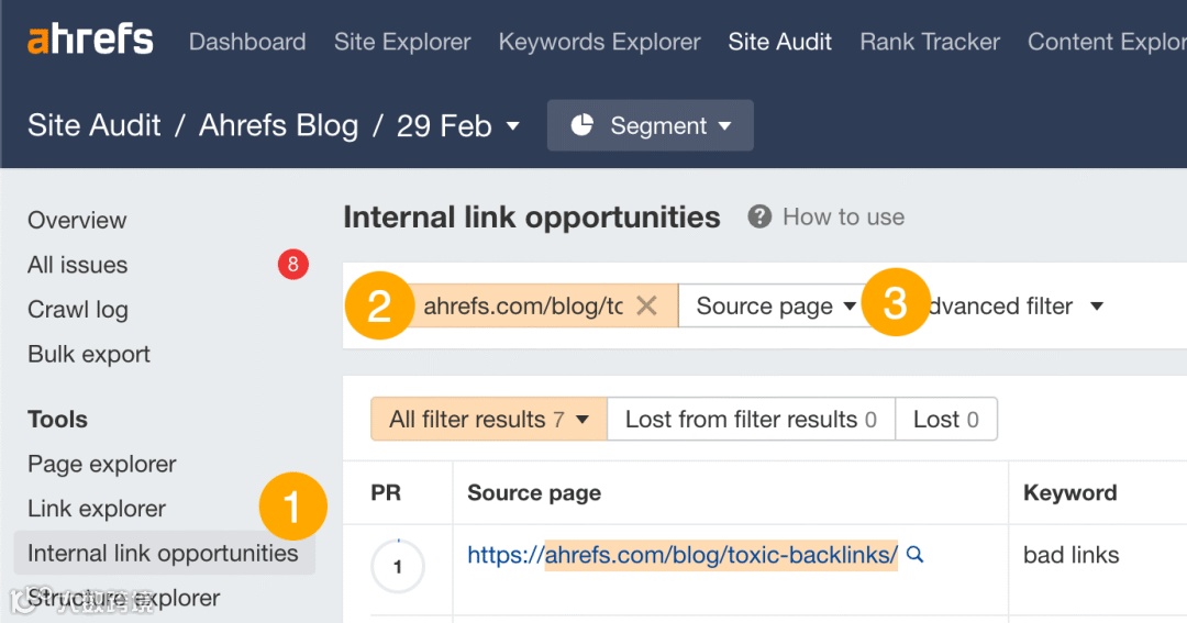 Ahrefs Site Audit interface showing "Internal link opportunities" section. The platform displays filtering options with an ahrefs blog in the source page field.