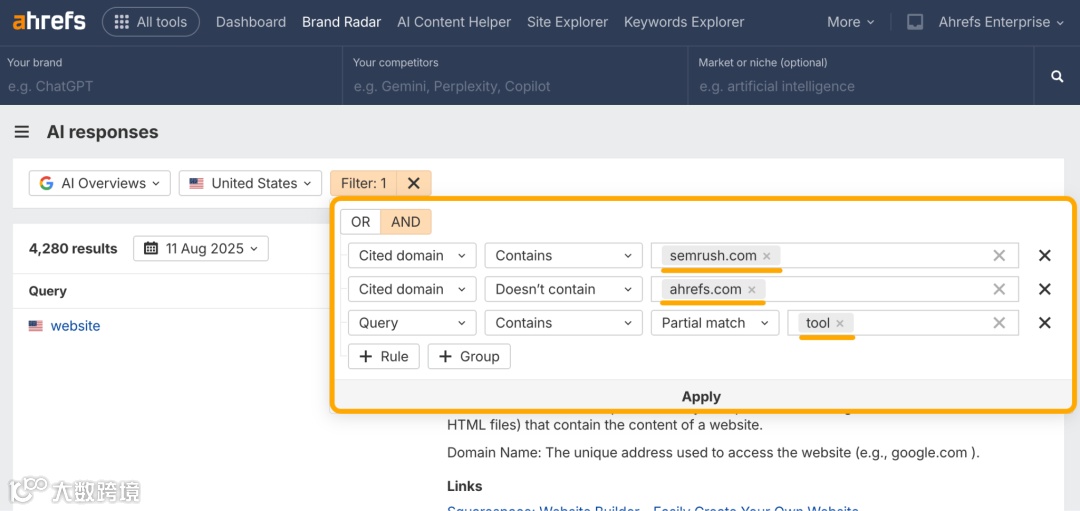 Ahrefs AI responses report in Ahrefs Brand Radar showing "Cited domain > Contains > semrush.com" and "Cited domain > doesn't contain > ahrefs.com" and "query > contains > tool" entered as filter criteria. Additional options for adding rules and groups are visible with "Apply" button at bottom.