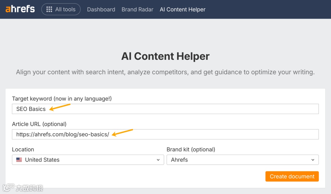 Ahrefs AI Content Helper tool interface showing input fields for "Target keyword" (filled with "SEO Basics"), "Article URL" (showing ahrefs.com/blog/seo-basics/), location set to United States, brand kit set to Ahrefs, and a "Create document" button.