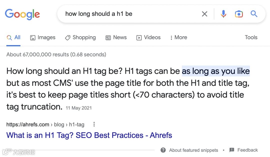 关于 H1 标签的文章示例：由于我们回答了常见问题，长尾关键词排名靠前