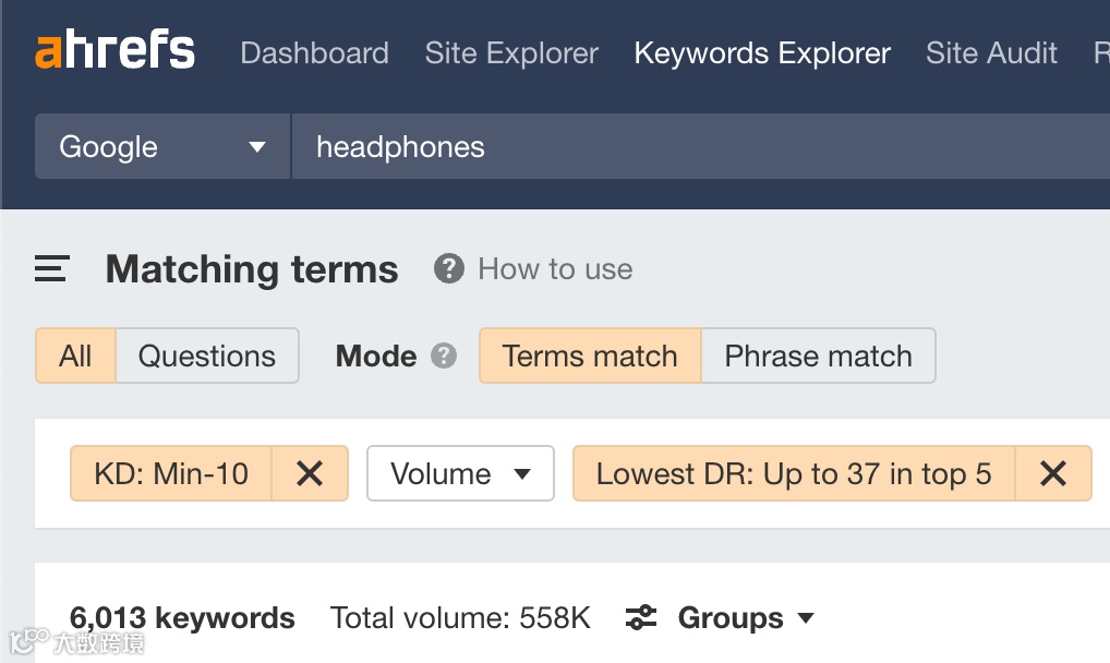 在 Ahrefs Keywords Explorer（关键词分析）中查找低 DR 网站排名前五的关键词