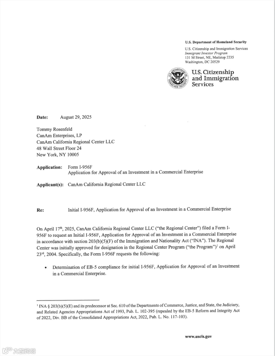 好消息！2025年8月美国CanAm两份I-956F获得批准！