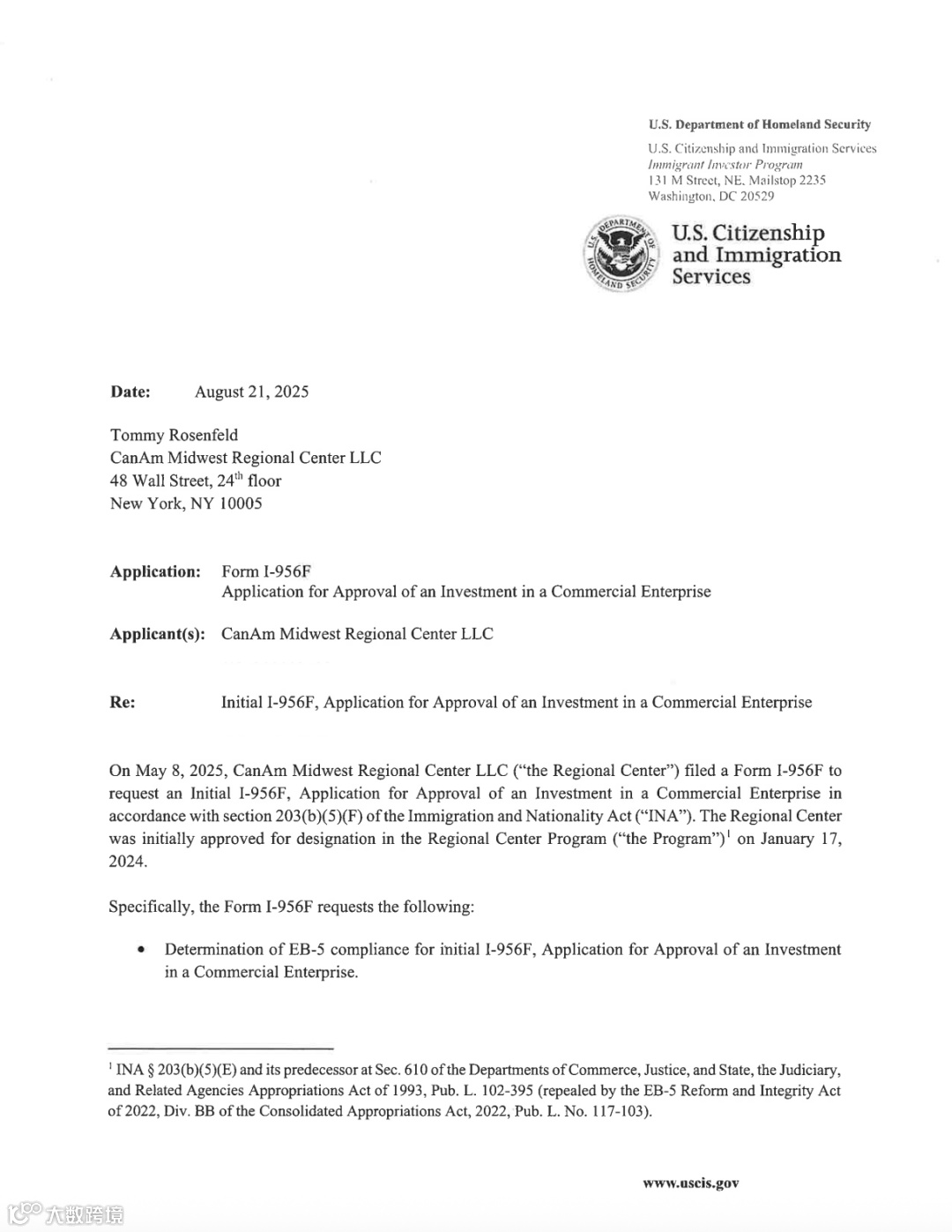 好消息！2025年8月美国CanAm两份I-956F获得批准！