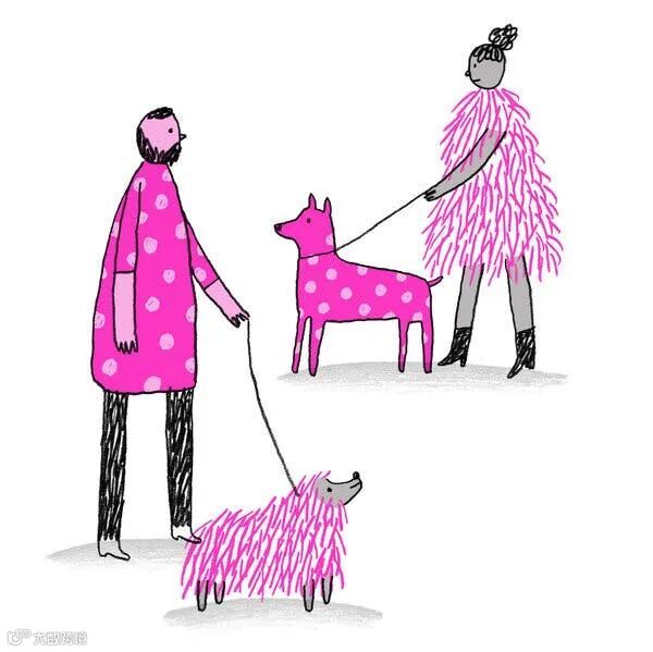 A pink-and-black illustration of a man and a woman each walking a dog.