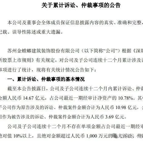 金螳螂近一年累计诉讼、仲裁案件总金额达14.67亿元