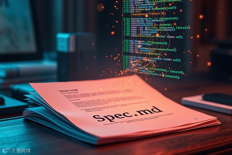 A visual metaphor of a spec document magically turning into a code file.