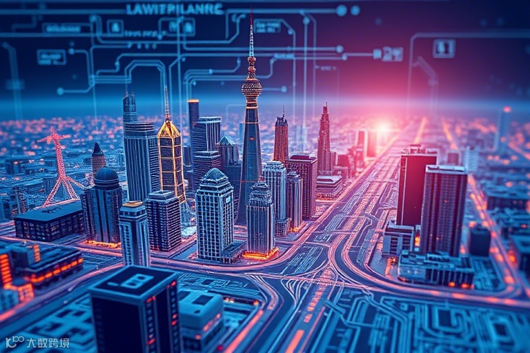 一张未来城市的蓝图，上面覆盖着集成电路，展示了AI在智能制造、数字金融和自动驾驶等领域的应用