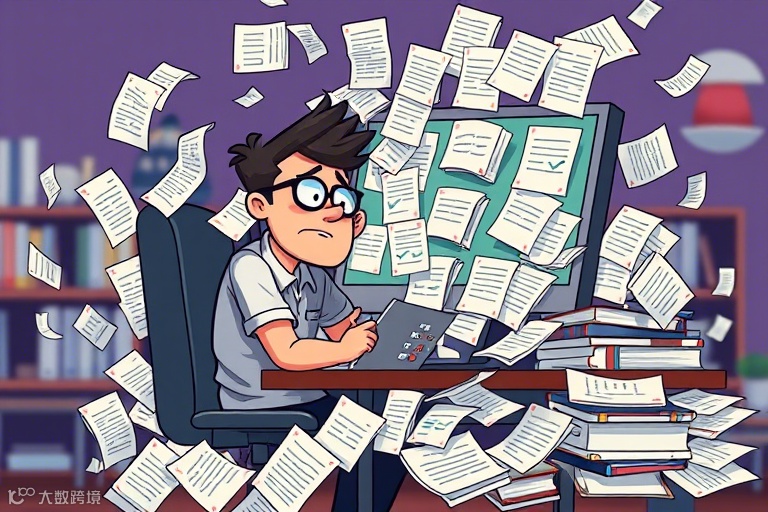 A developer looking stressed, sitting in front of a monitor filled with countless markdown files and checklists.