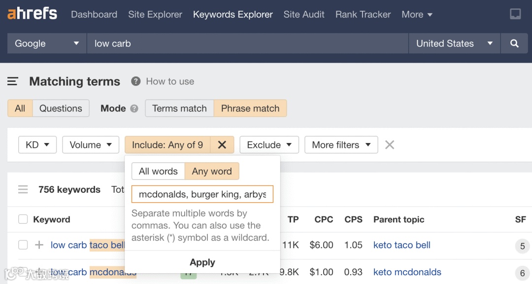 Filtering for "low carb" keywords that mention fast-food restaurants