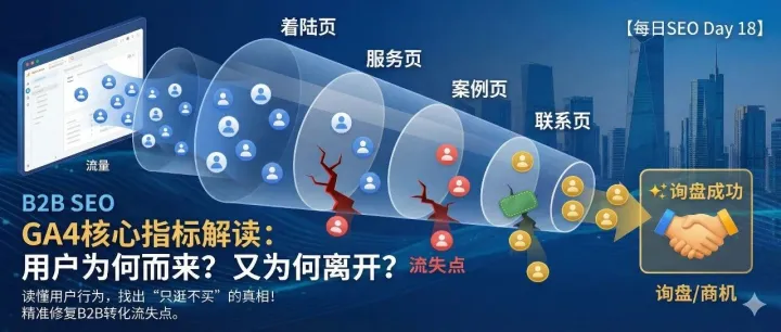 【每日SEO 18】有流量没询盘？用GA4黄金指标和漏斗分析，精准修复网站致命流失点