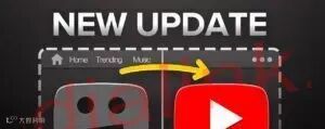 Illustration showing a split-screen of two browser windows under the heading ‘New Update’. On the left is a greyed-out, sad-faced video icon in a window with tabs labelled Home, Trending, Music. On the right is a bright red play-button icon in a browser window. A yellow arrow arches from left to right, indicating a transition. The image highlights the YouTube collab feature.