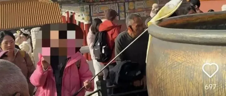 无视“禁止触摸”规定，一导游边用导览旗敲故宫展品边讲解