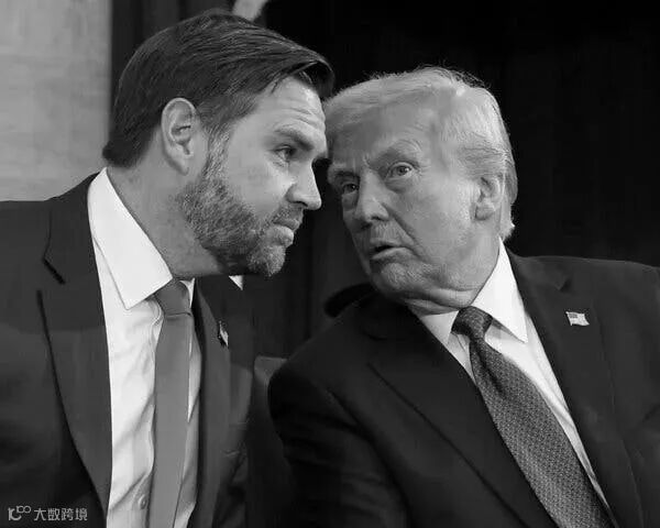 Vice President JD Vance leans forward as President Trump talks into his left ear.