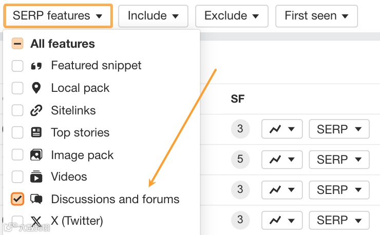 Discussions and forums filter in Ahrefs' Keywords Explorer.