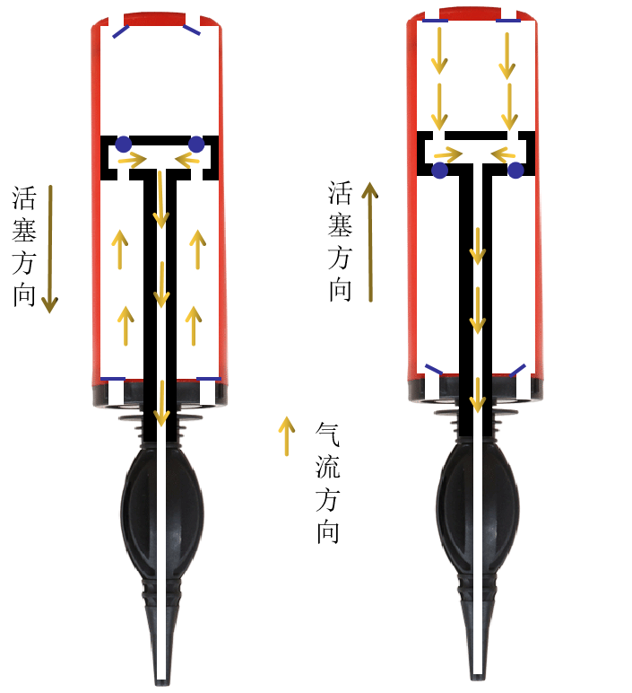 双向打气筒示意图（具体构造以实际为准）蓝色圆点是橡皮圈做的阀门，靠摩擦力形成双向的单向阀，通道在活塞边缘。