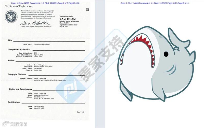 5-cv-14665,呆萌大白鲨版权发起维权,贴纸卖家注意排查TRO冻结风险!"
