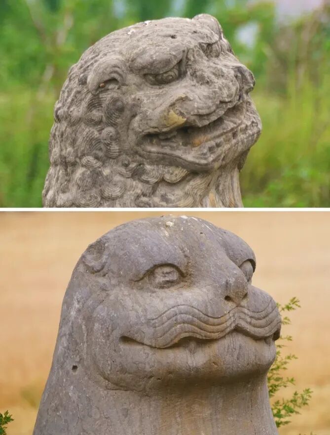 愛嬌のある表情を浮かべた石獣たち。