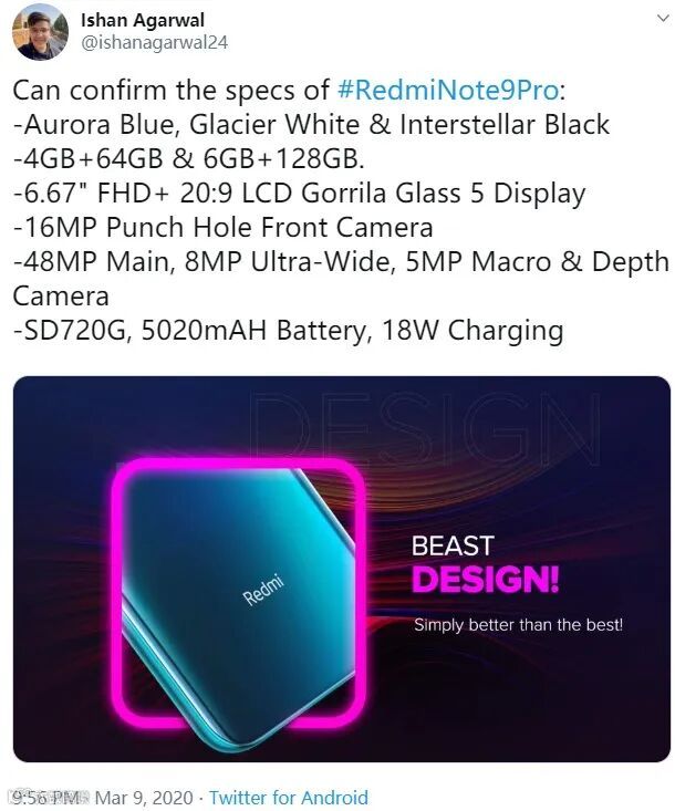 Redmi Note 9 Pro详细配置曝光:骁龙720G+5020mAh电池