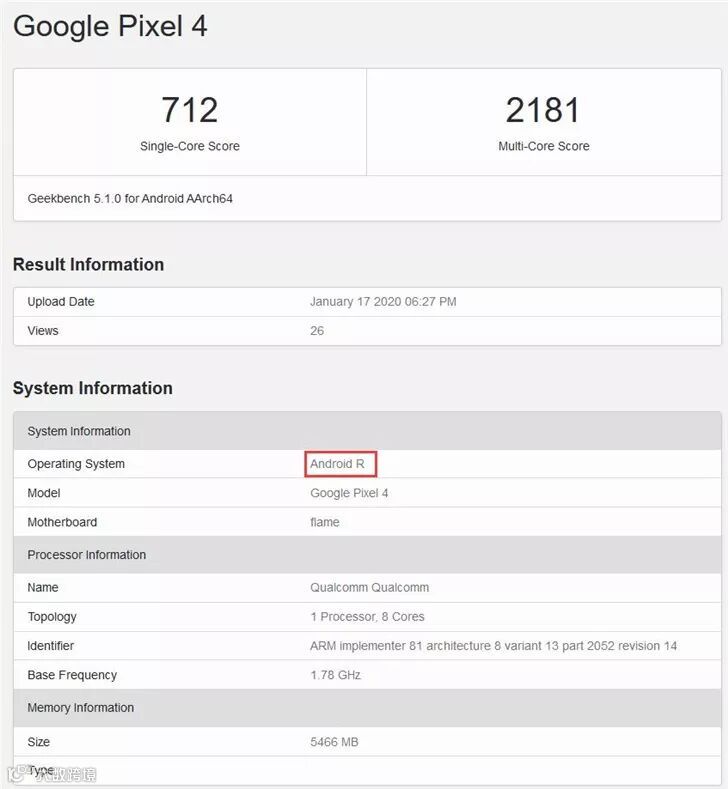 GeekBench上首次发现运行Android R的手机