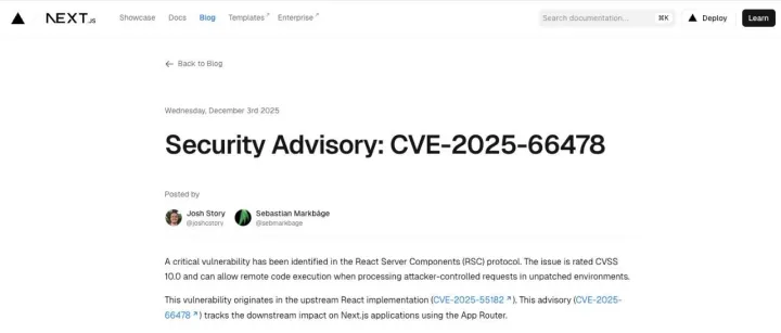 Web站百天打卡挑战第70天—Next.js 爆出史诗级 10 分安全漏洞：你的项目可能已经暴露了