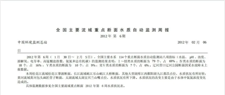 全国主要流域重点断面水质自动监测周报（2004-2018年断面水质周报）