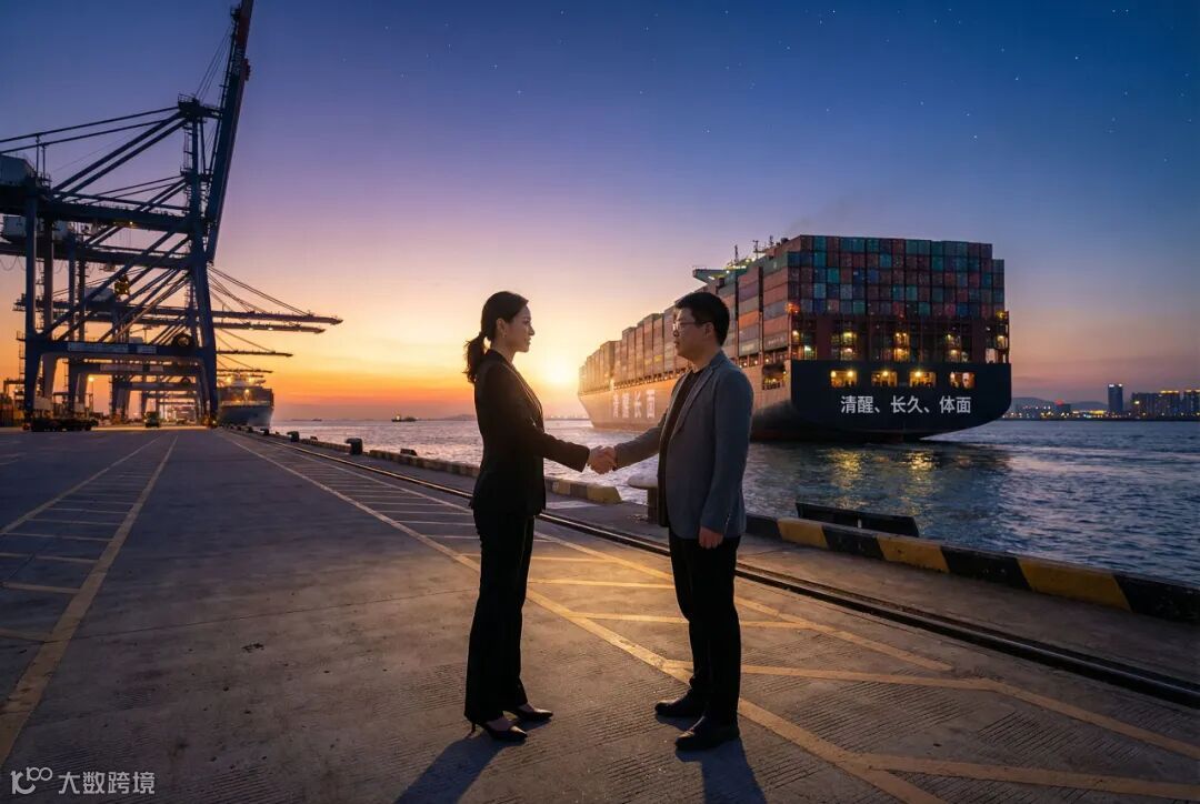 跨境大师兄与女性客户码头握手