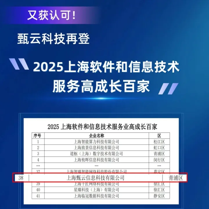 又获认可！甄云再登“2025上海软件和信息技术服务高成长百家”榜