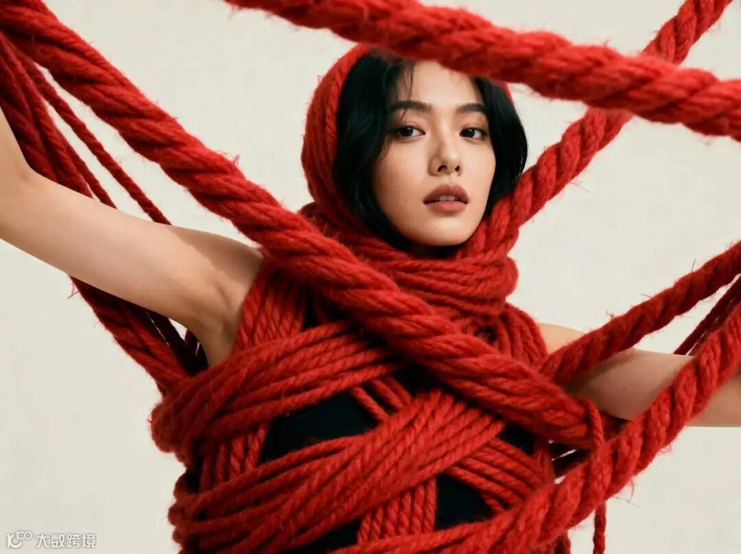 模特缠绕巨大红毛线模仿翻花绳，毛线与人物空间位置更合理