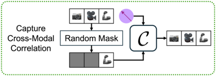 图2. 跨模态关联网络（C）采用掩码-预测策略，使概念潜在向量捕获模态间的持续性模式。