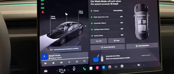 特斯拉洗车模式界面大更新！增加导航到洗车店自动提醒。