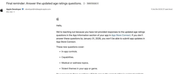 收到苹果这封邮件？再不更新年龄分级，你的App将无法提交更新